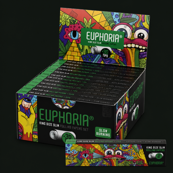 Pack de papier à rouler Kingsize Slim Euphoria Vibrant avec filtres, emballage coloré et format long